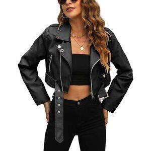 Women's Black Faux Leather Quilted Shoulders & Zipper Short Biker Jacket